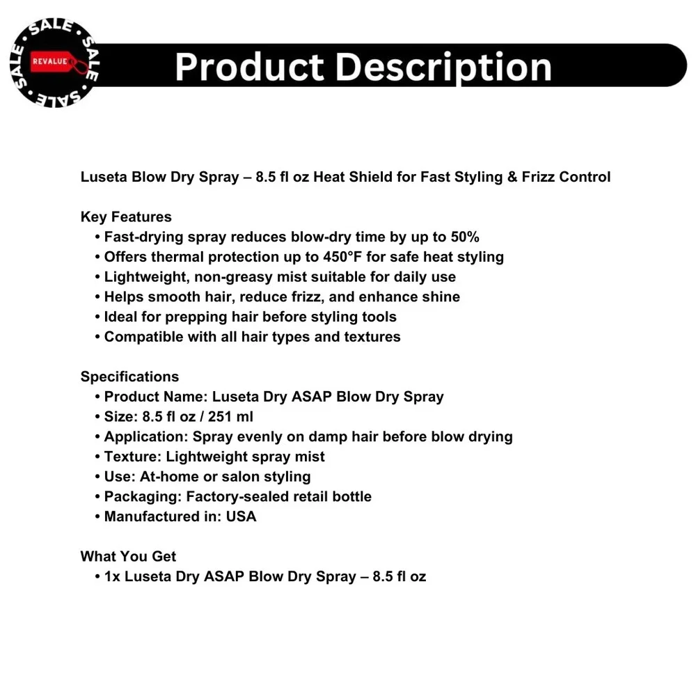 Luseta‎ Blow Dry Spray – 8.5 fl oz Heat Shield for Fast Styling & Frizz Control